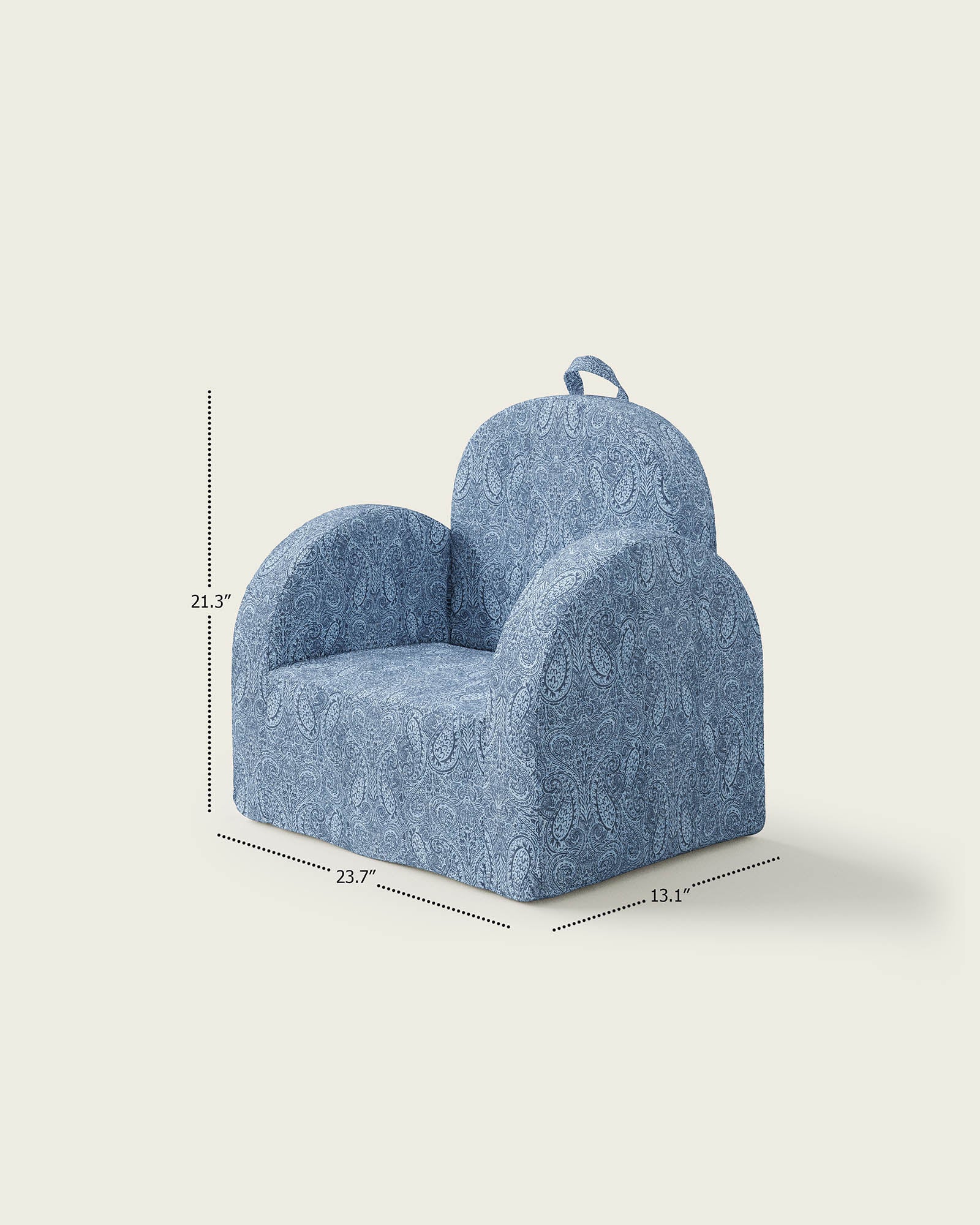 a blue chair with a paisley pattern