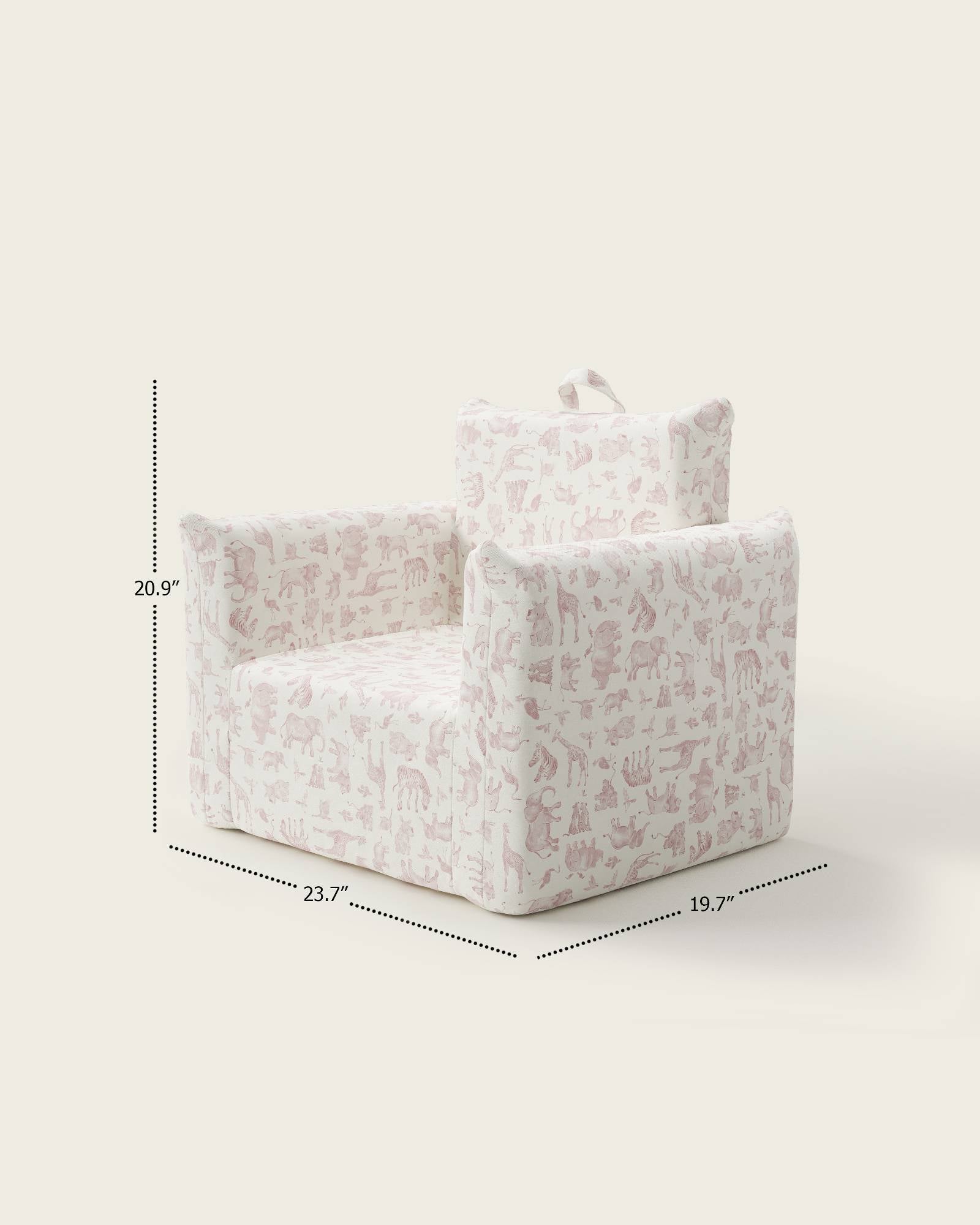 A chair with a white and pink pattern, with dimensions labeled