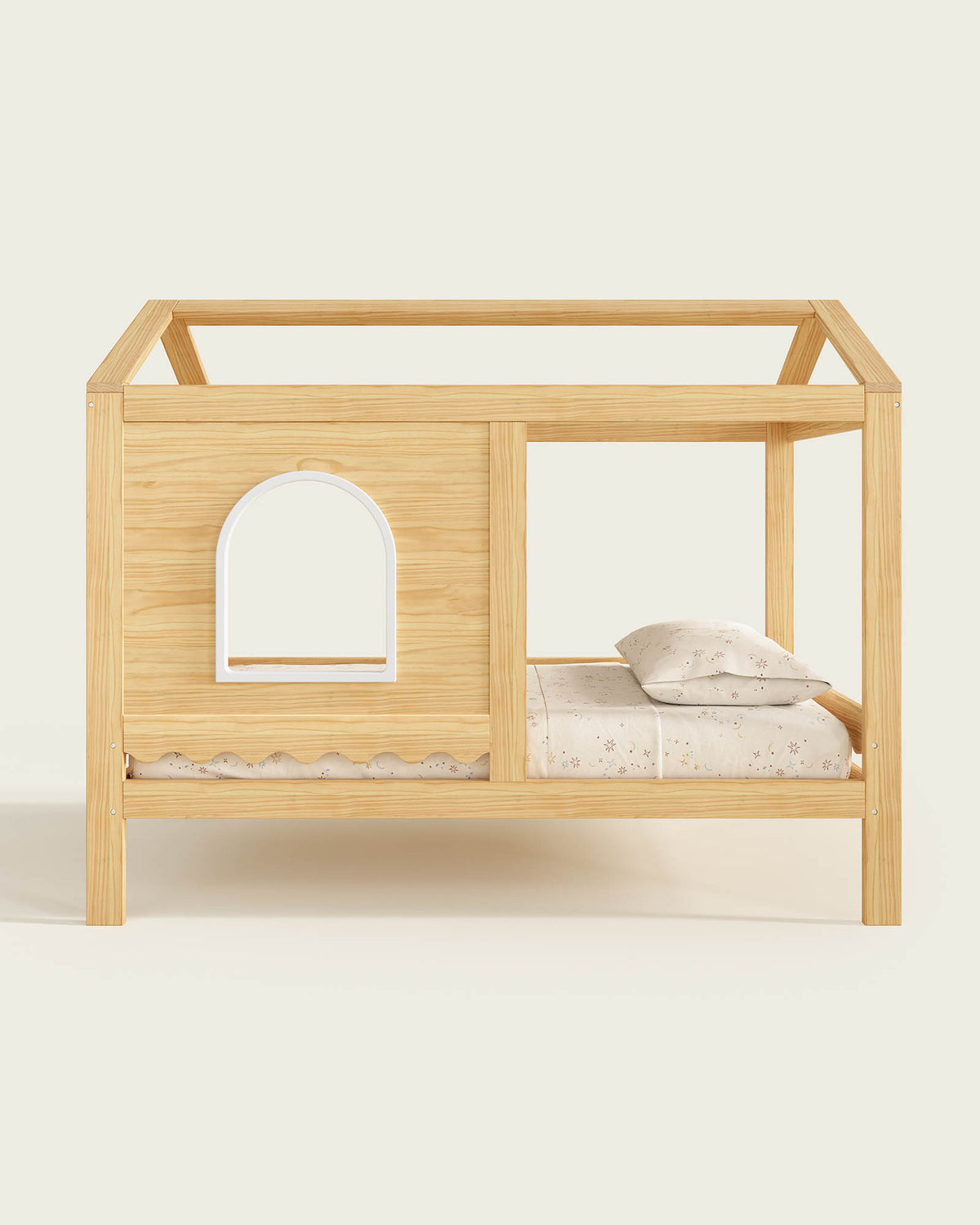 Wooden house-shaped bed with a small arched window and a sleeping area, designed for children.