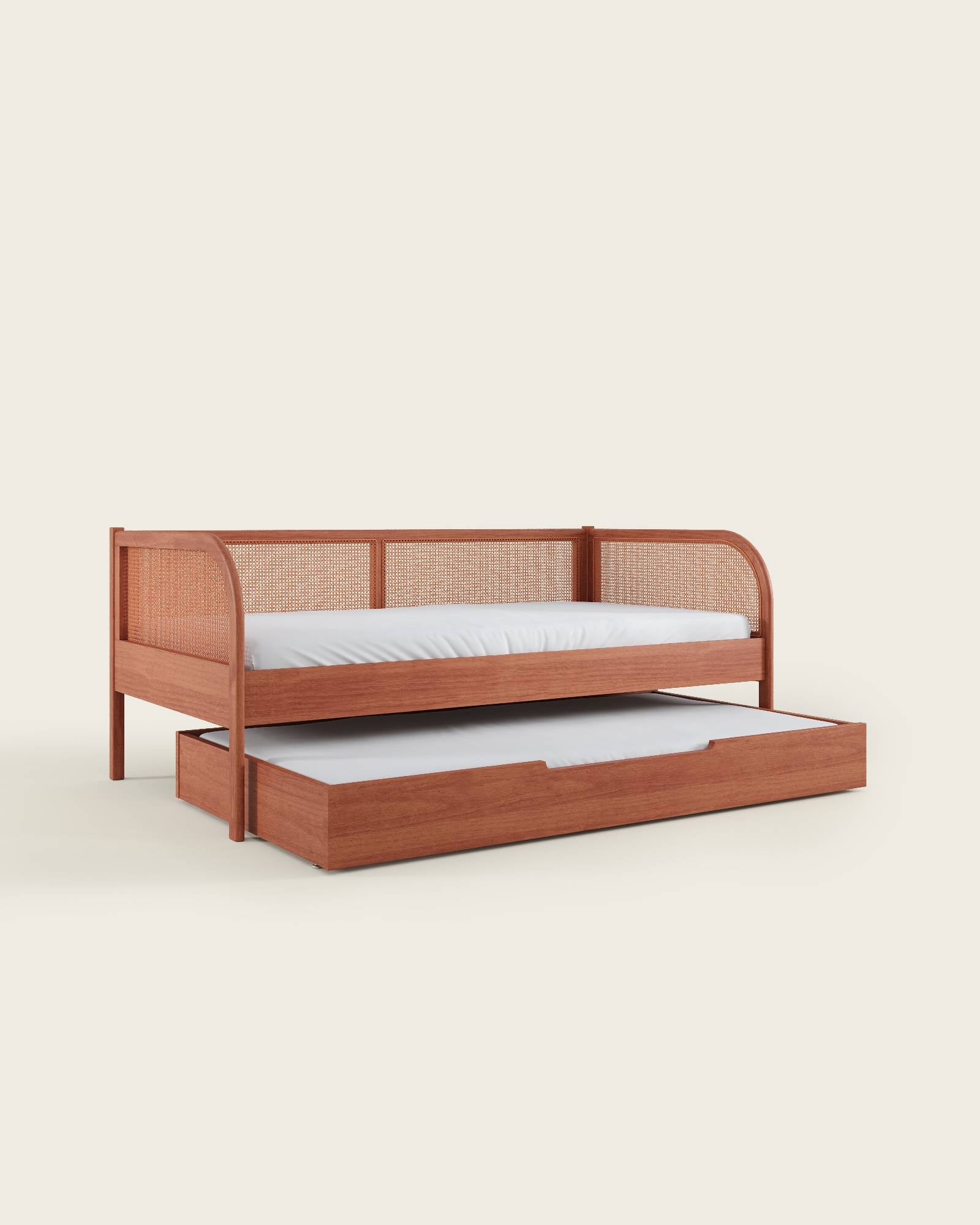 A wooden daybed with a rattan backrest and sides, showing the dimensions: 78.3 inches long, 41.8 inches wide, 32.7 inches high.