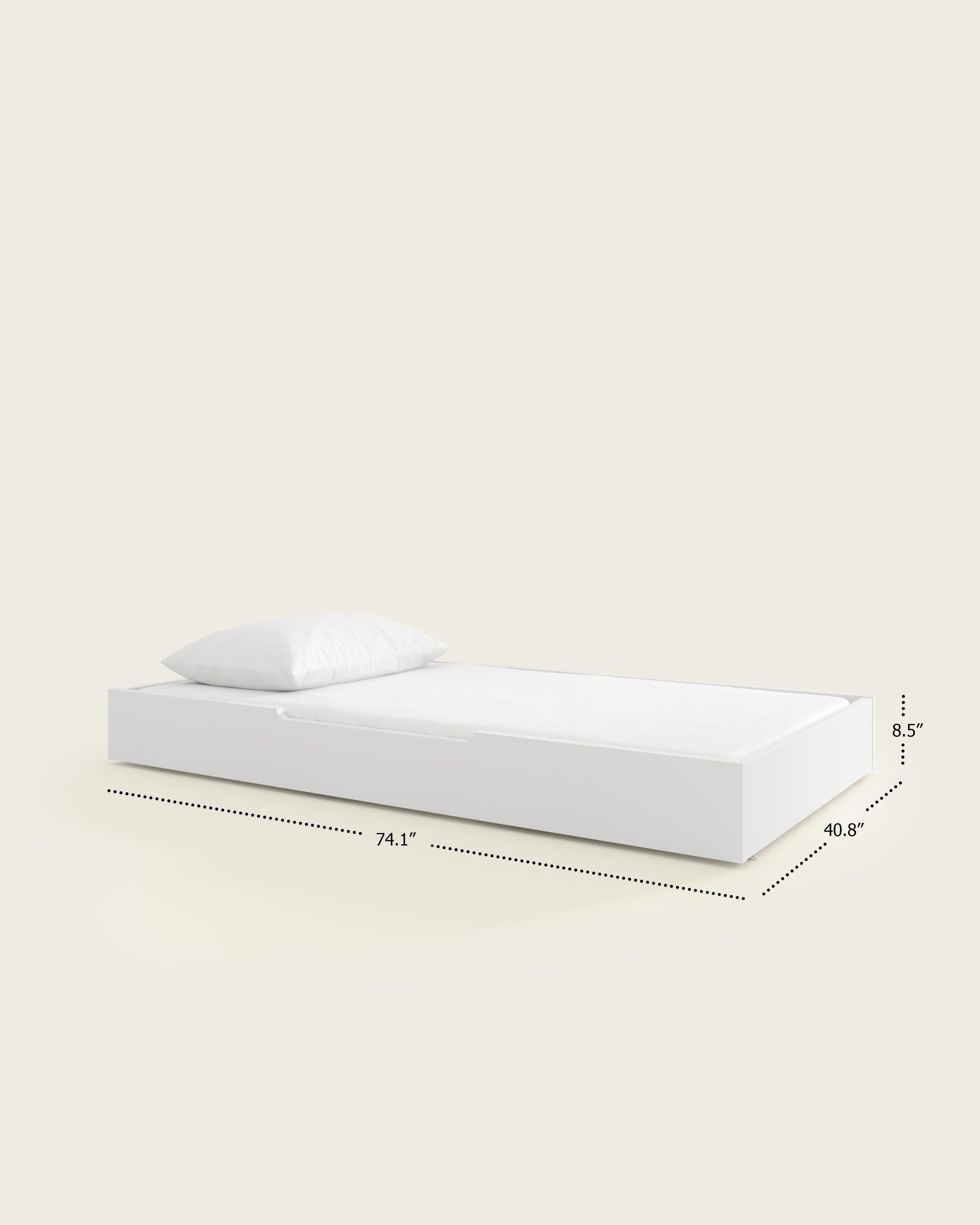 a white toddler bed with a white mattress and pillow, with dimensions listed
